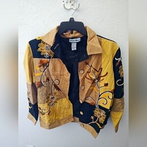 Indigo Moon Glazed Cotton Embroidered Sunflower Jean Jacket
